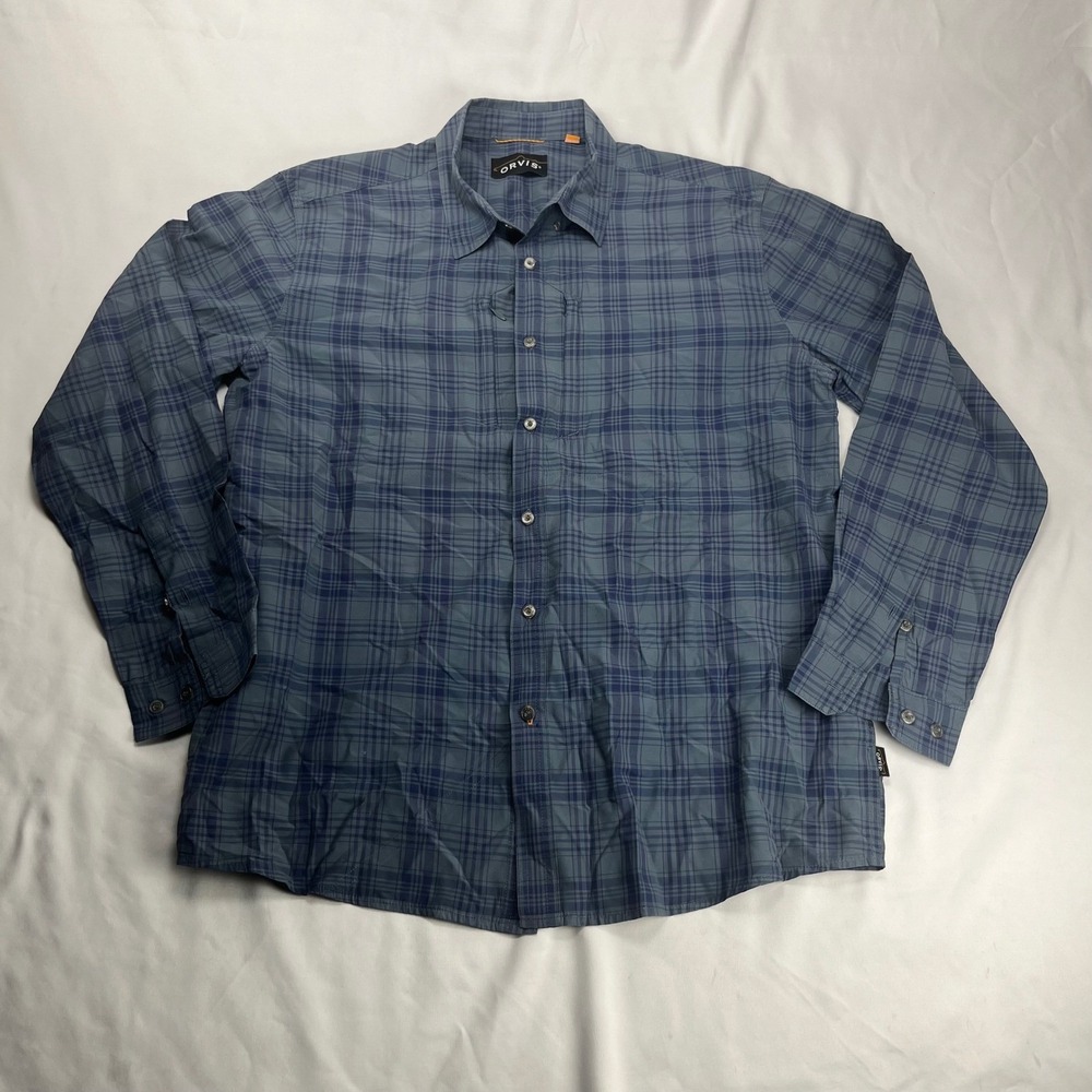 Orvis Button Up Shirt Blue Plaid Long Sleeve Technical Outdoor‎ Zip Pockets L